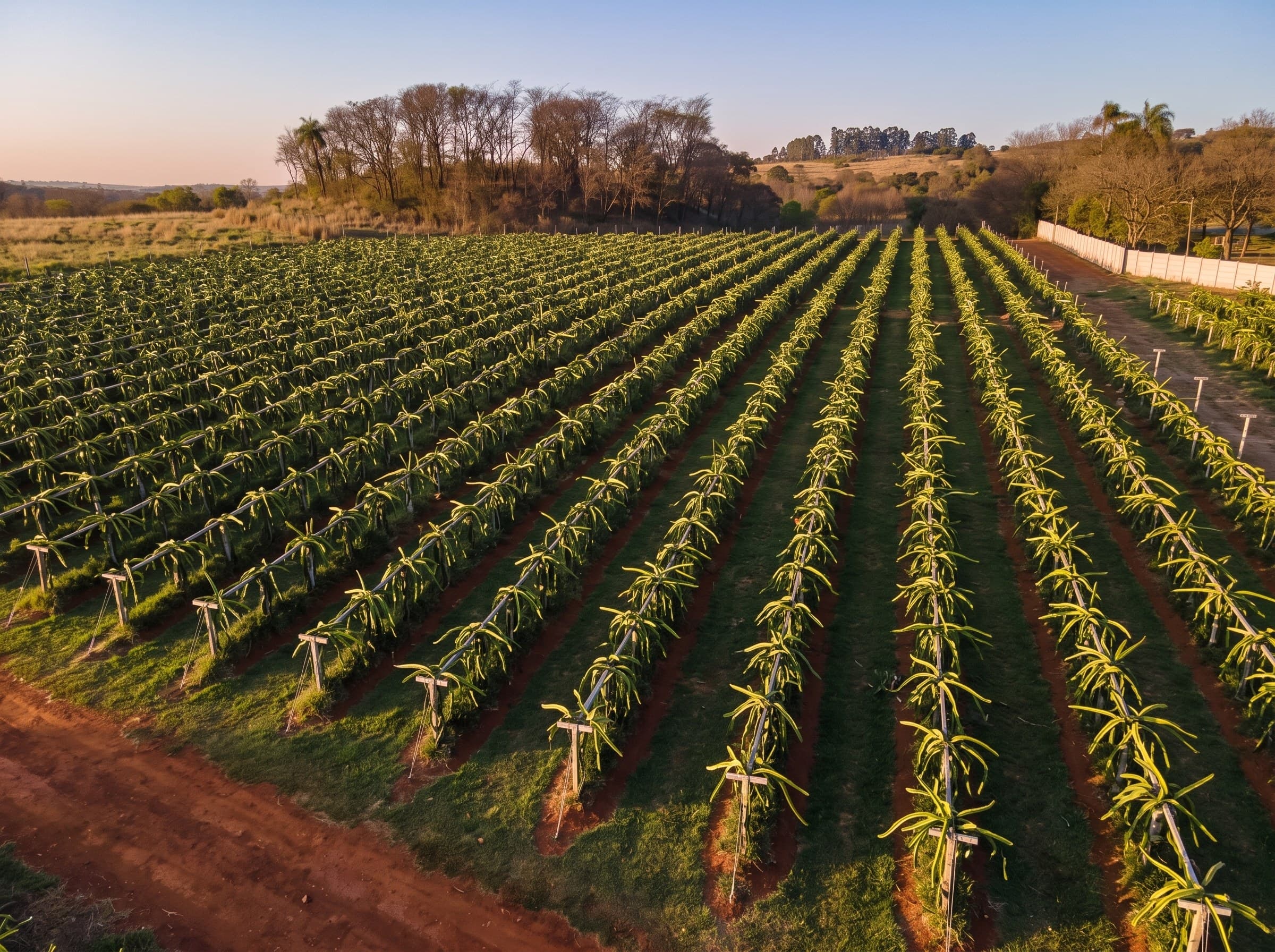Vista aérea da plantação de pitaya da Fazenda Monte Branco