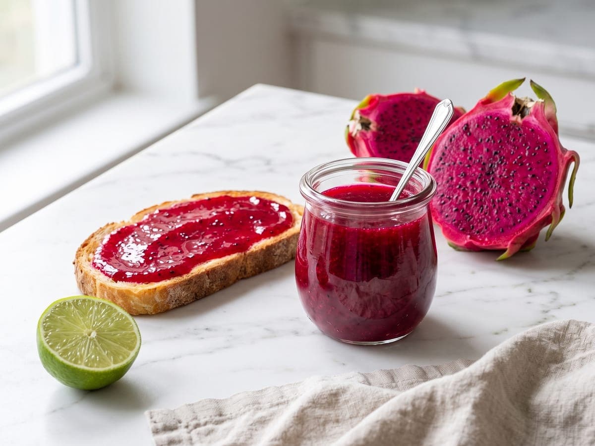 Pote de geleia de pitaya ao lado de uma torrada com geleia