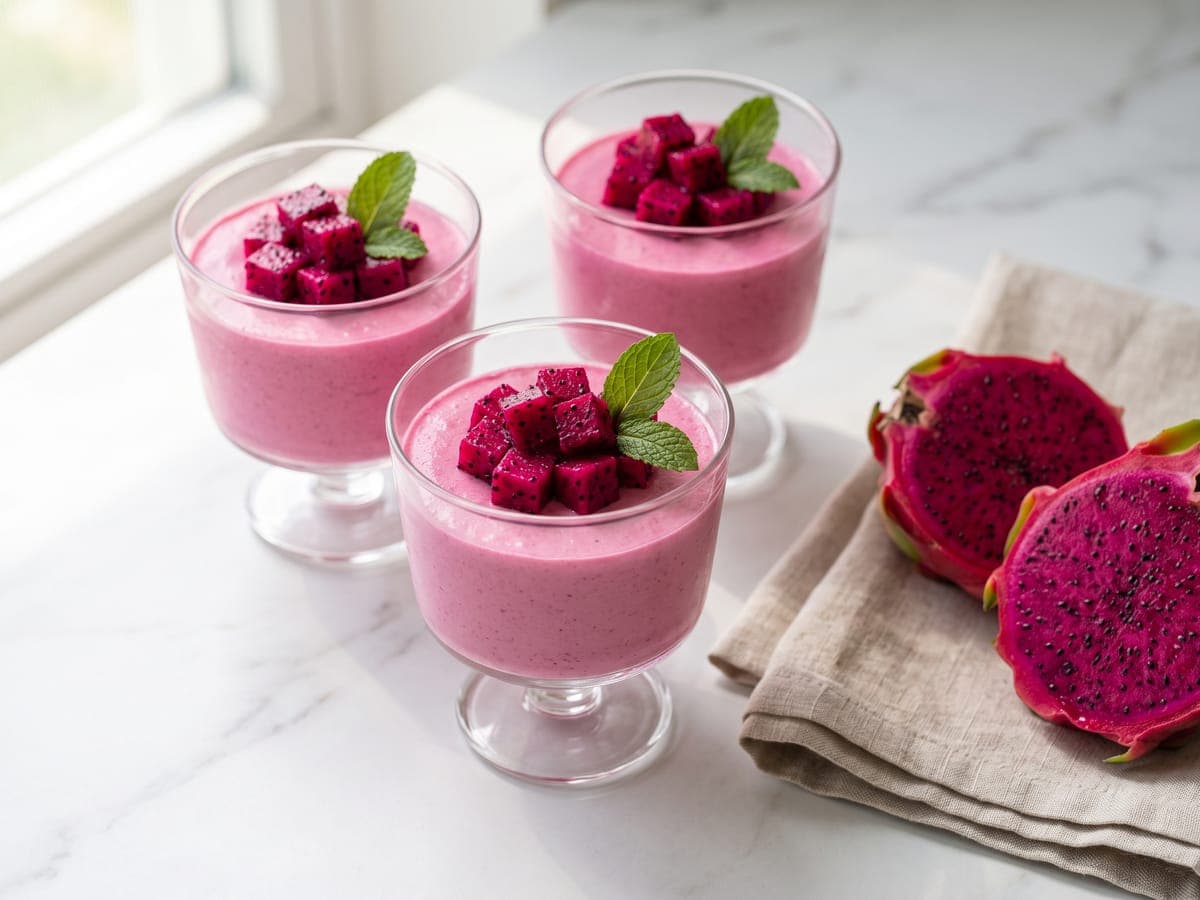 Taças de mousse de pitaya decoradas com cubinhos da fruta e hortelã