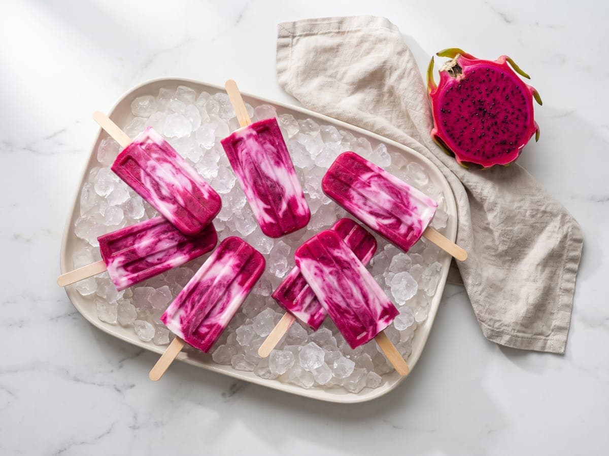 Picolés de pitaya com iogurte sobre gelo picado