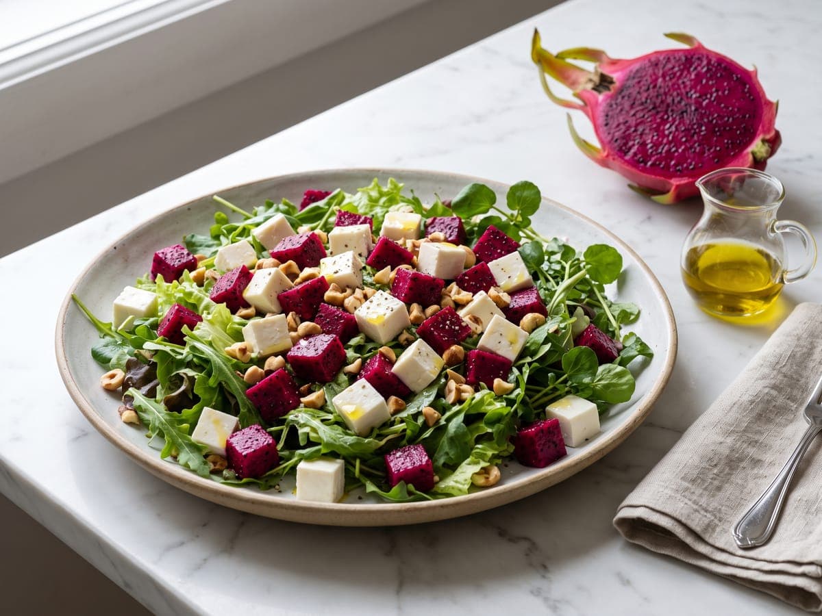Salada de folhas verdes com pitaya em cubos, queijo minas e castanhas