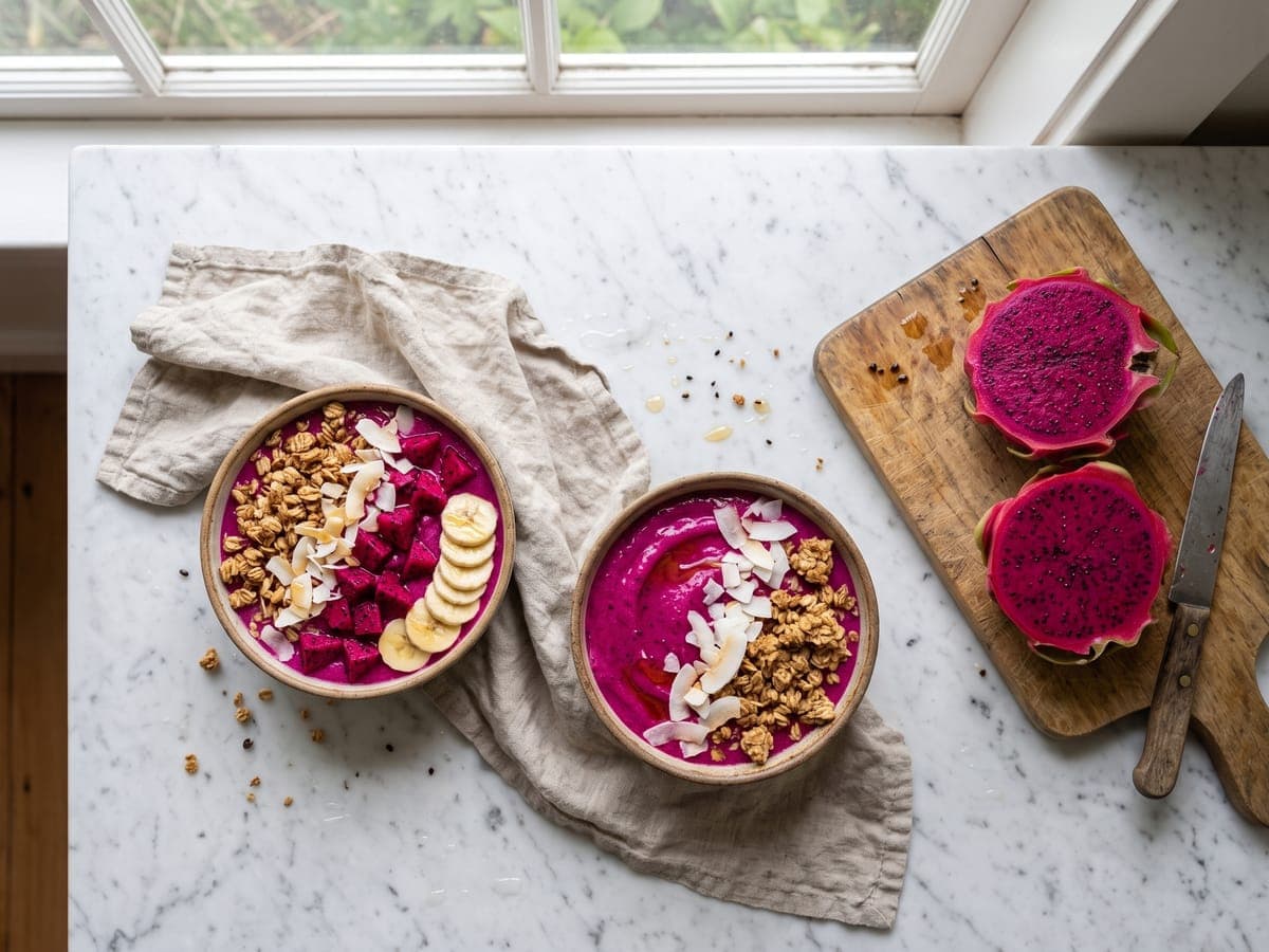 Duas tigelas de smoothie bowl de pitaya com granola, banana e coco ralado