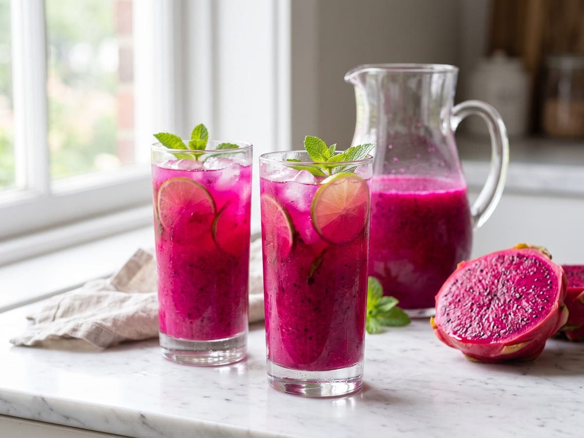 Copos de suco de pitaya com gelo, limão e folhas de hortelã